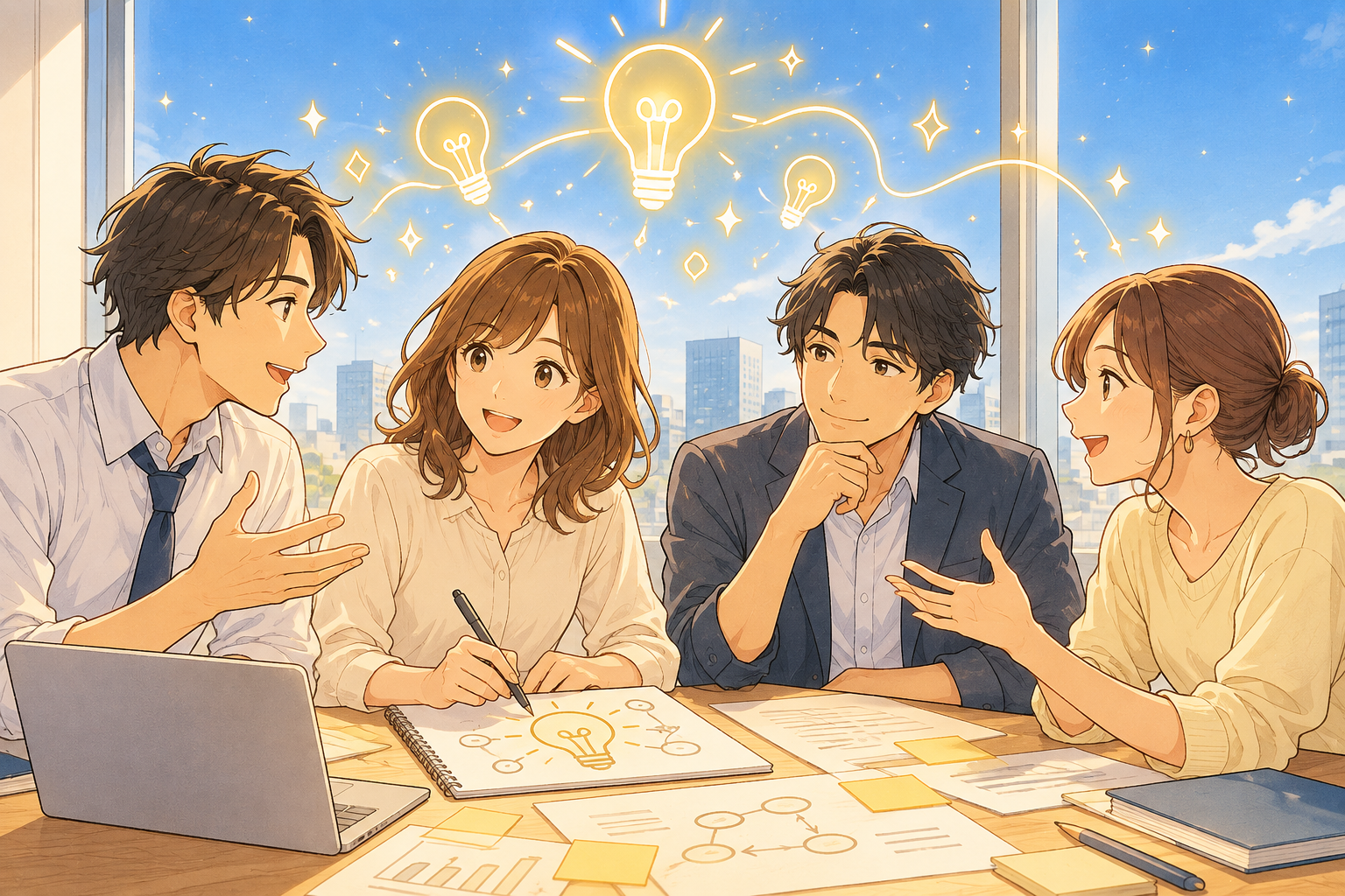 対話を通してアイデアを育む人たちのイラスト