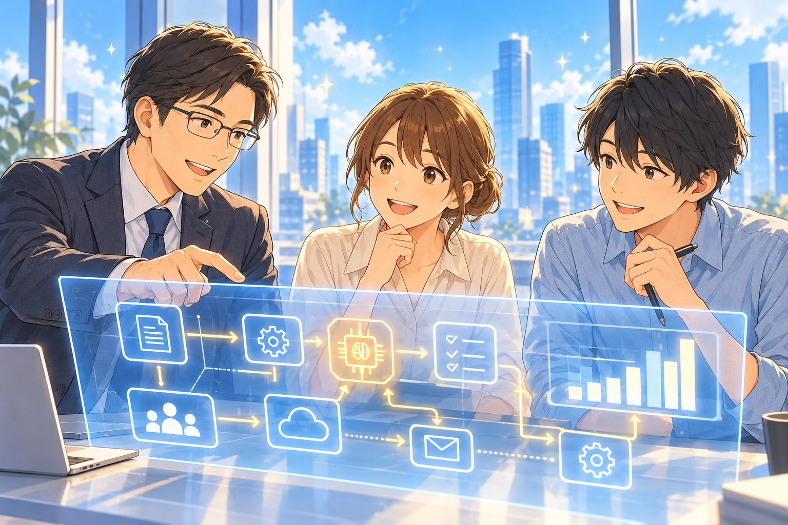 人とデジタルの力で未来を考えるイラスト